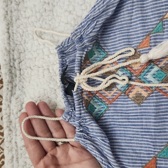 Striped Embroidered Tank Top with Tassel Tie Bohemian 100%Cotton Large - Picture 10 of 11